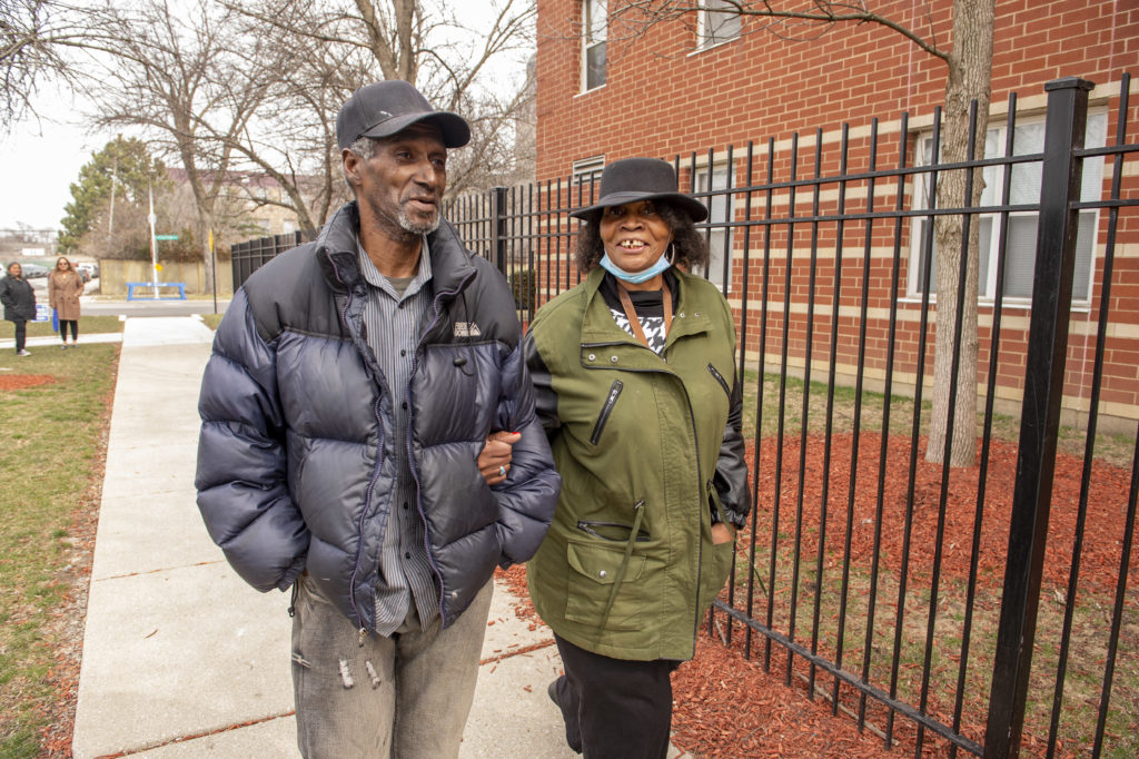 CHICAGO, IL -Resident Victor O’Neil with housing coordinator Joyce Bailey outside the Ozanam Village Senior Housing facility in Chicago.