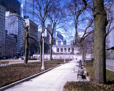 Outside scene of park with benches, trees, and buildings in background
